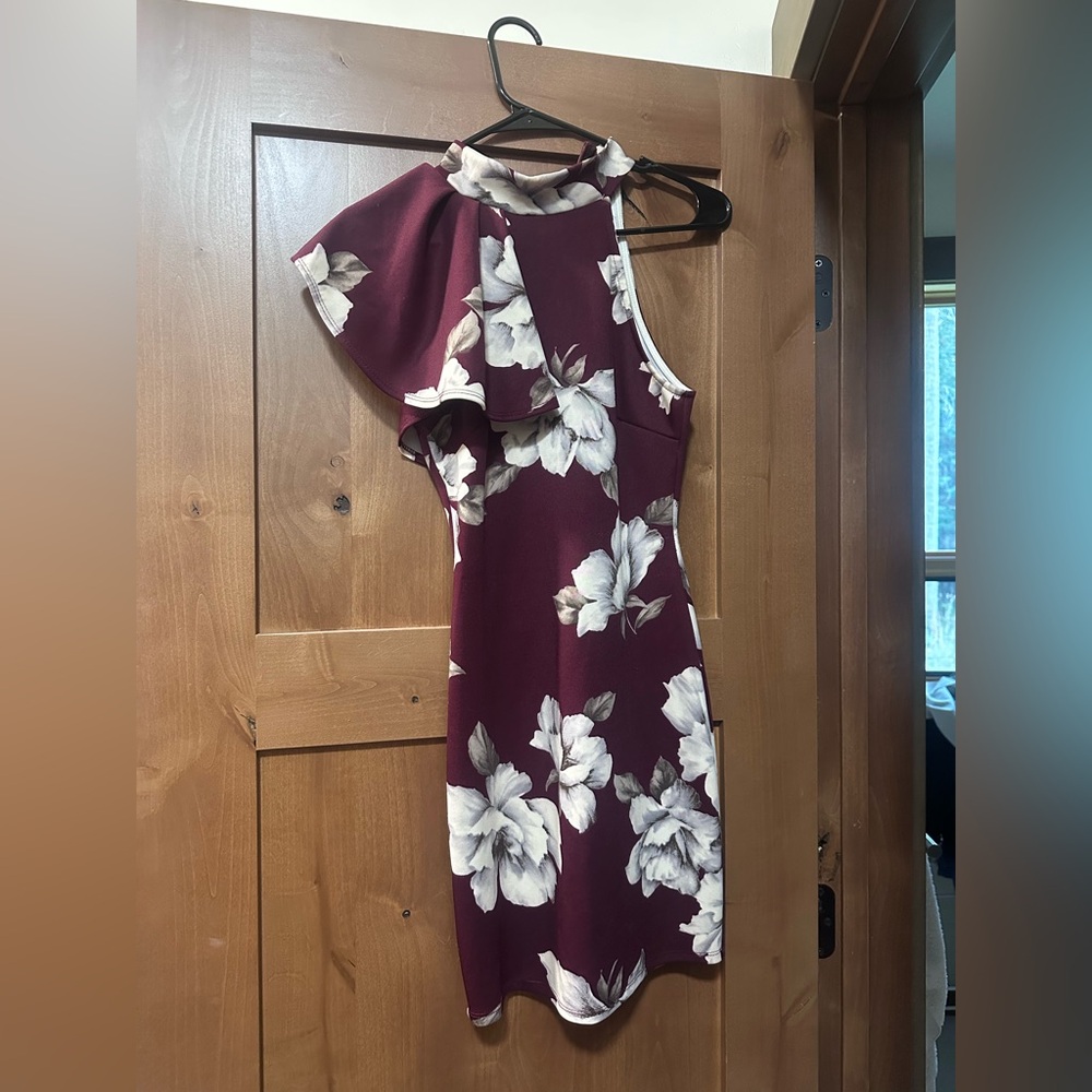Blue Blush One Shoulder Burgundy Floral Dress